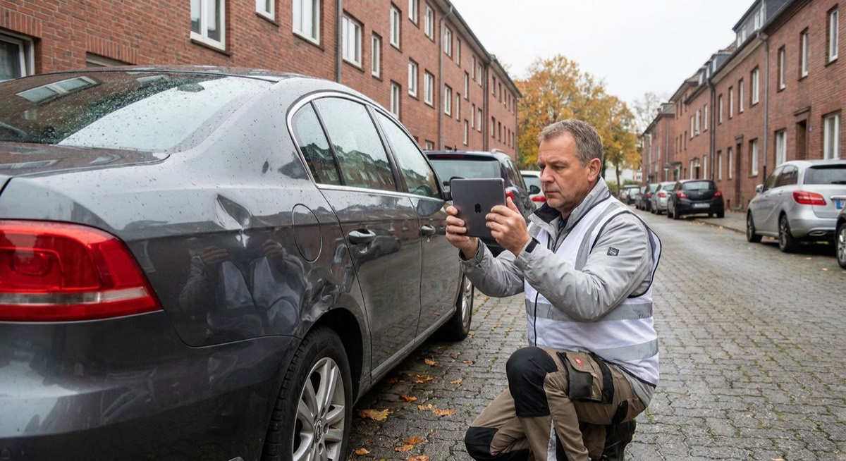 Schadenaufnahme vor Ort durch den Kfz-Gutachter in Herne Kfz-Gutachter aus Herne bei der Schadenaufnahme an einem Unfallfahrzeug per Tablet