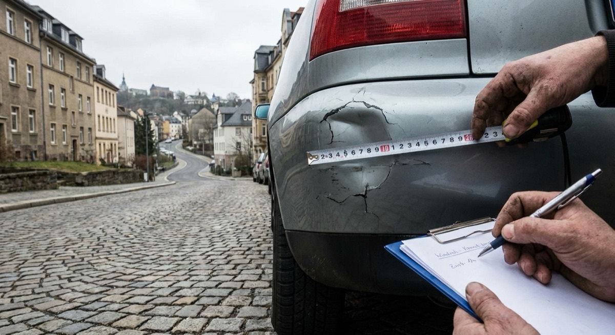 Neutrale Kfz-Schadenbegutachtung in Wuppertal Kfz-Sachverständiger dokumentiert einen Fahrzeugschaden bei der Begutachtung in Wuppertal