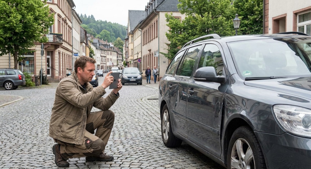 Schadenaufnahme vor Ort durch den Kfz-Gutachter in Wuppertal Kfz-Gutachter aus Wuppertal bei der Schadenaufnahme an einem Unfallfahrzeug per Tablet