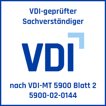 VDI-Prüfzeichen: VDI-geprüfter Sachverständiger nach VDI-MT 5900 Blatt 2, Zertifikat 5900-02-0144