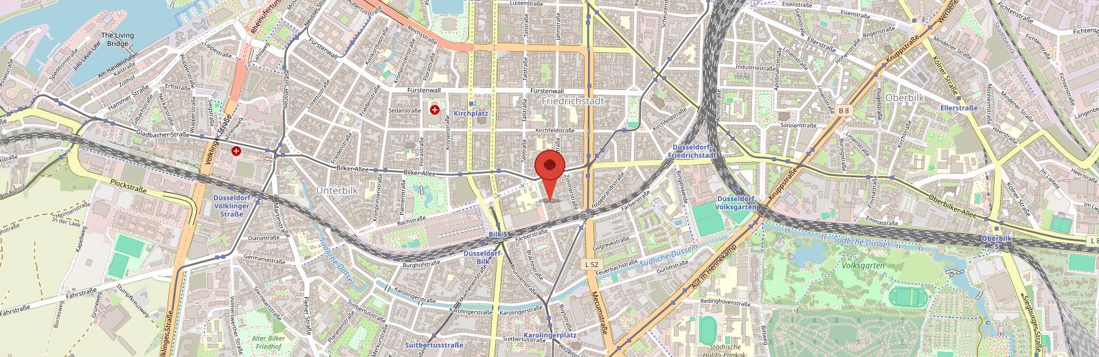 Kartenausschnitt: Standort Kfz Gutachter Düsseldorf – Ingenieurbüro Hunger, Bilker Allee 217, 40215 Düsseldorf