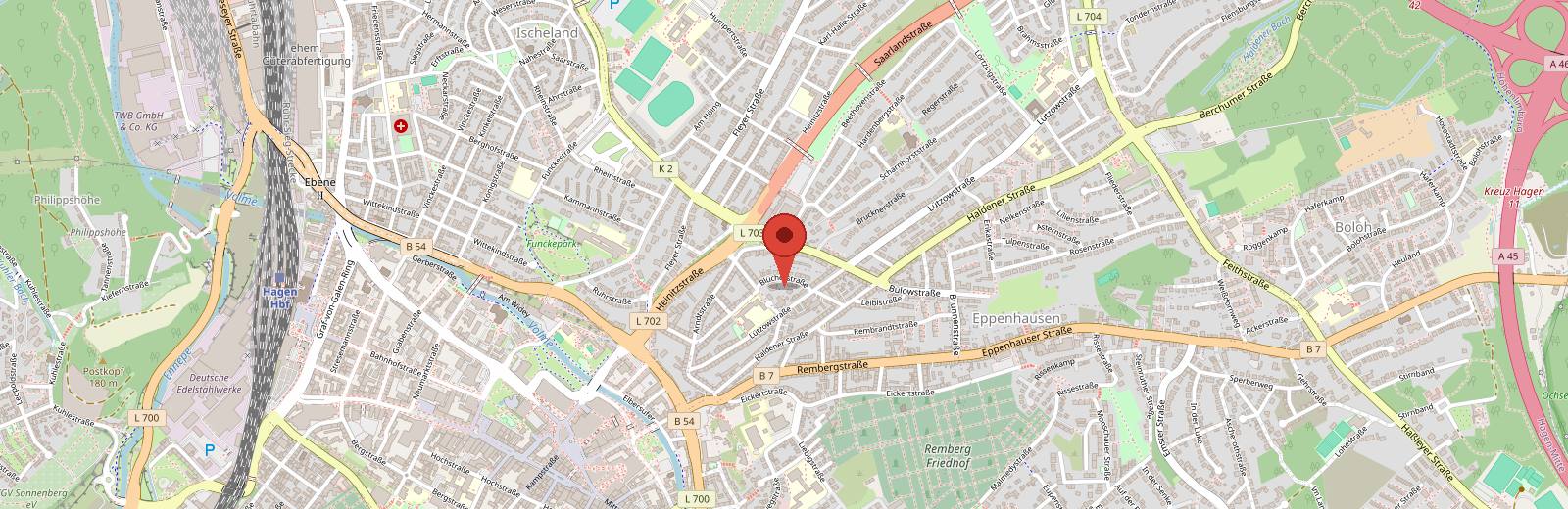 Kartenausschnitt: Standort Kfz Gutachter Hagen – Ingenieurbüro Hunger, Bülowstraße 18, 58097 Hagen